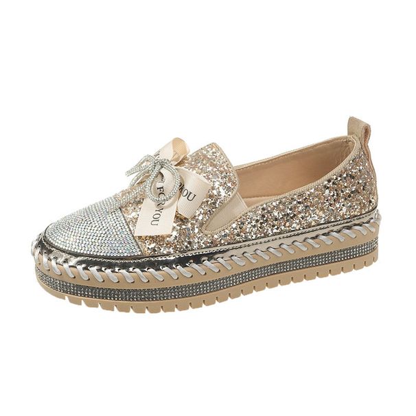 Women's Slip-On Loafers With Rhinestone Bow Detail - Comfortable Low Heel Casual Shoes Round Toe Flat Shoes In Black Gold Pink_vogvips.com