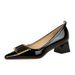 1235-K57 Commuter Women's with Middle Thick Heel, Lacquer Leather, Shallow Mouth, Small Square Head, Metal Buckle_vogvips.com