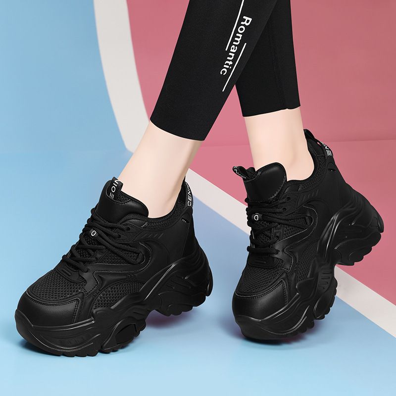 Platform Height Increasing Dad Sneakers 2024 New Spring And Autumn Black Genuine Leather Versatile Women's Casual Sports Shoes_vogvips.com
