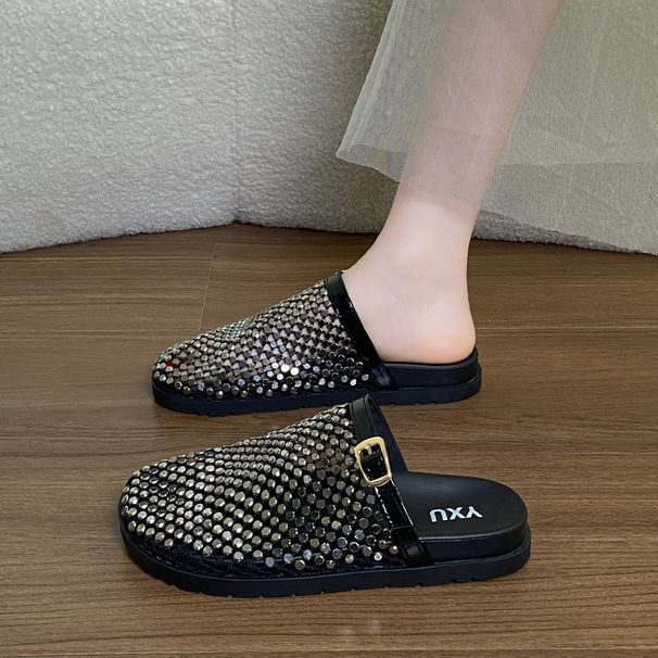 Korean Style Women's Fishnet Sandals Hollowed out Breathable Closed Toe Half Slippers Light Luxury Rhinestone Flat Summer Shoes_vogvips.com