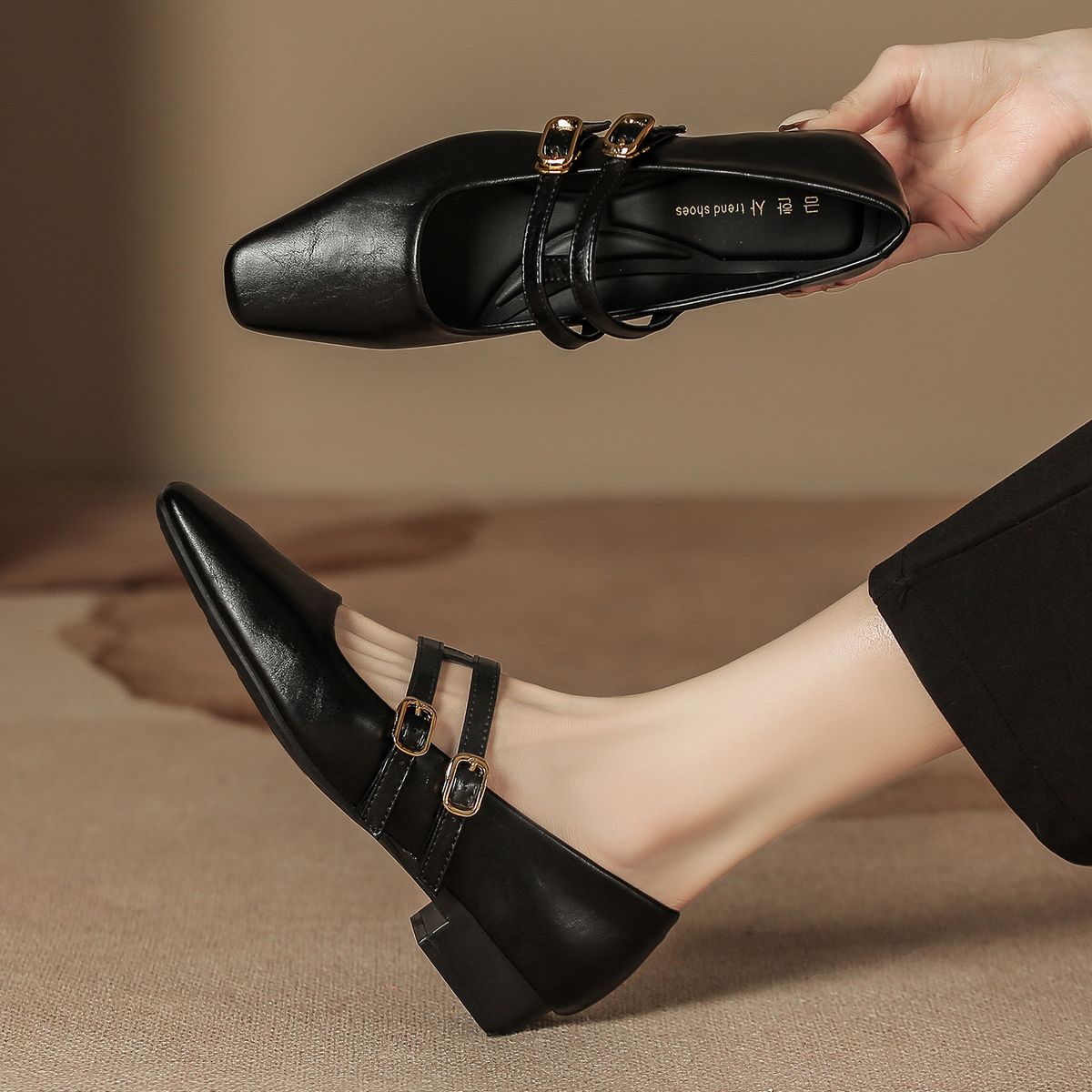 Autumn Winter New Style Single Square Toe Retro Thick One Strap Mary Jane Low Heel Shallow Mouth Leather Shoes Sole Soft_vogvips.com
