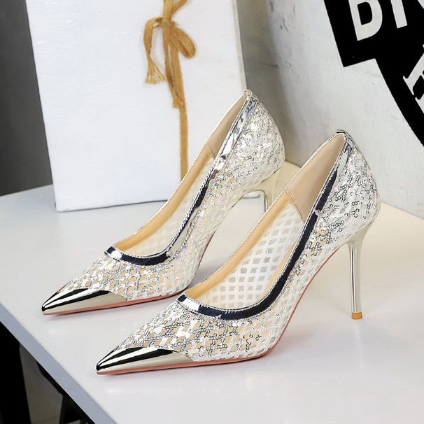 Women's Shoes Sexy Pointed Toe Low Cut High Heels With Sequins, Mesh, Metal Toe, And Stiletto Heels For Women._vogvips.com