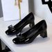 Square Head Bow Shallow Mouth Single Shoes Patent Leather Thick Heel Comfortable Women's Shoes_vogvips.com