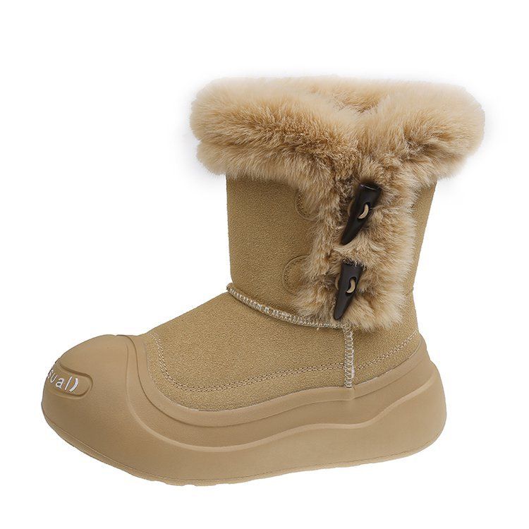 Cow Horn Buckle Snow Boots For Women 2025 New Autumn Furry Hot Item Northeast Plus Plush Thick Warm Cotton Shoes Short Boots_vogvips.com
