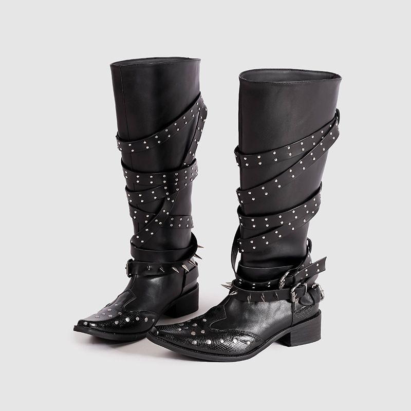 Women's Shoes Pointed Rivet Knight Boots Women New Black Retro Belt Buckle Not Over The Knee Boots Slim Thick Heel Boots_vogvips.com