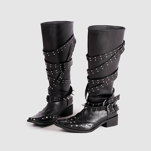 Women's Shoes Pointed Rivet Knight Boots Women New Black Retro Belt Buckle Not Over The Knee Boots Slim Thick Heel Boots_vogvips.com
