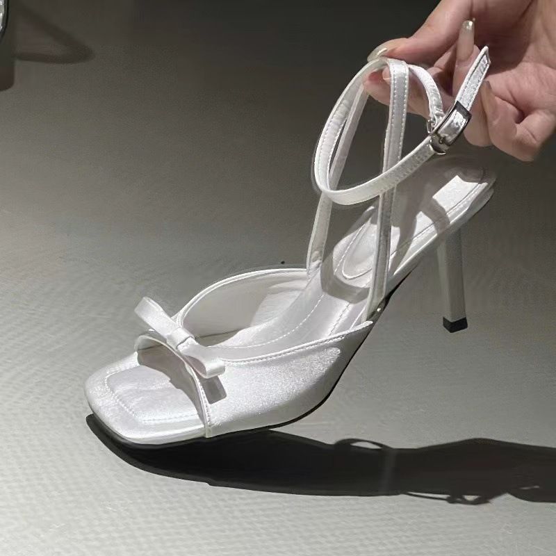 New Square Ankle Strap Silver Satin Bow High Thin Heel Open Toe Women's Sandals_vogvips.com