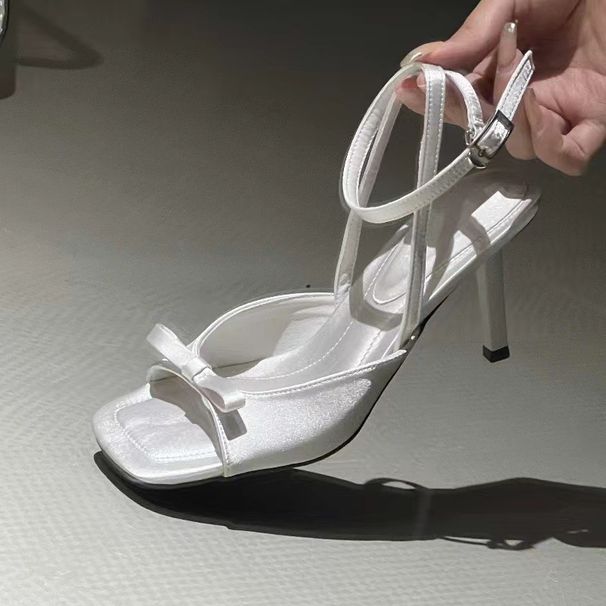 New Square Ankle Strap Silver Satin Bow High Thin Heel Open Toe Women's Sandals_vogvips.com