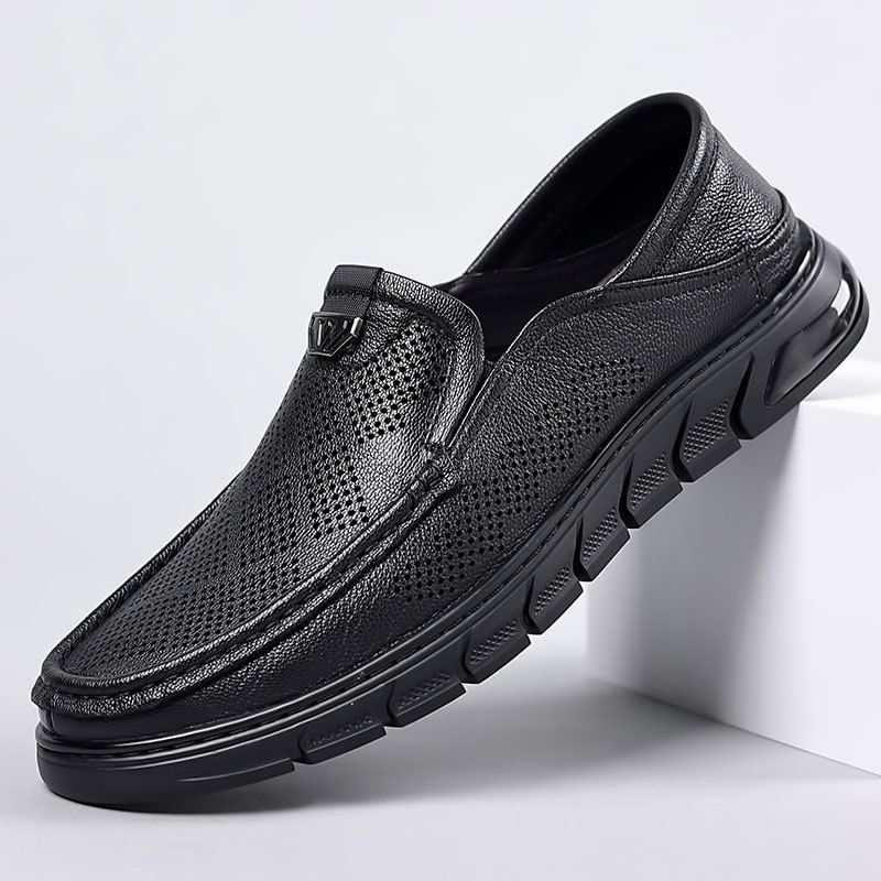 Hollow Out Shoes For Summer Breathab Business Genuine Ather Casual Round Toe, Midd-aged Men's One Gged Shoes,_vogvips.com