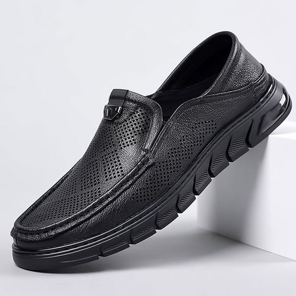 Hollow Out Shoes For Summer Breathab Business Genuine Ather Casual Round Toe, Midd-aged Men's One Gged Shoes,_vogvips.com