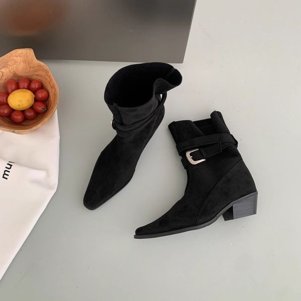 2026 Vintage Pointed Toe Short For Women Autumn Winter New Fashion Versatile Belt Buckle Korean Style Elegant Casual_vogvips.com