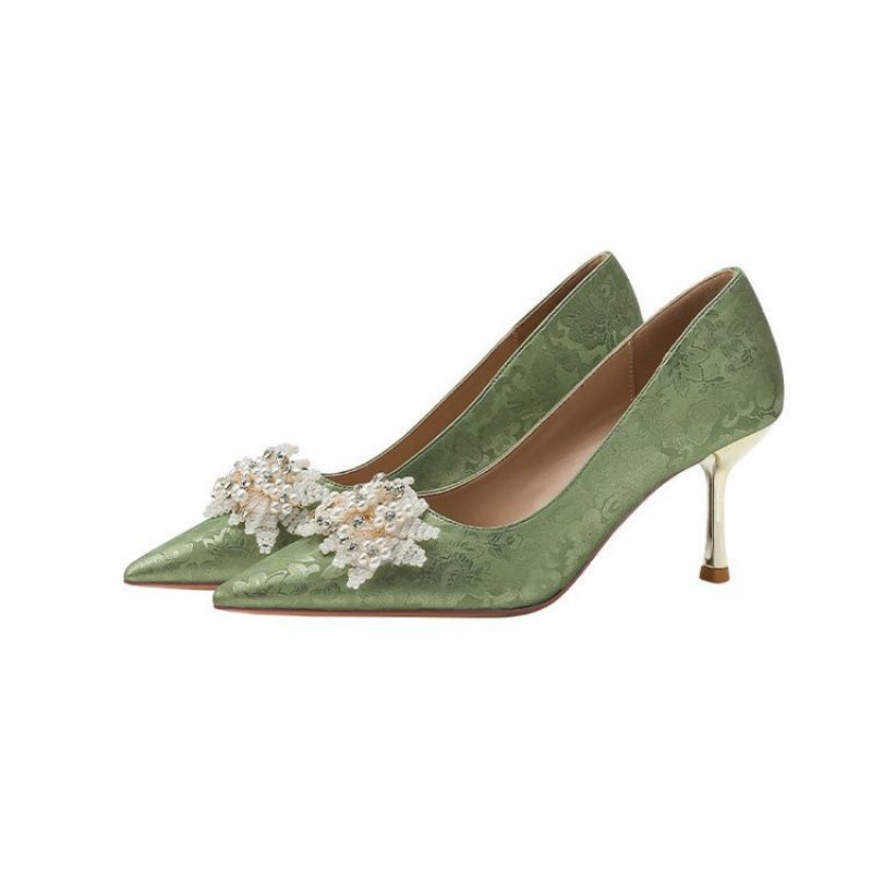Rhinestone Pointed Thin Heel Pearl Wedding Shoes Women's Wedding Bridesmaid Shoes Temperament Commuter Professional Heels Women_vogvips.com