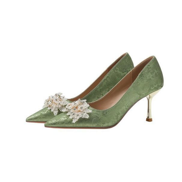 Rhinestone Pointed Thin Heel Pearl Wedding Shoes Women's Wedding Bridesmaid Shoes Temperament Commuter Professional Heels Women_vogvips.com