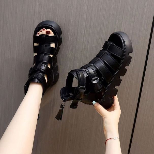 Leather Roman For Women Summer 2024 New Style Platform Thick-Soled Peep-Toe Hollow-Out Height-Increaing Slimming_vogvips.com