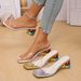 Water Diamond Coarse Heel Pattern One Line High Heels Cool Slippers For Women's Fashion Outerwear, Color Blocked, Follow_vogvips.com