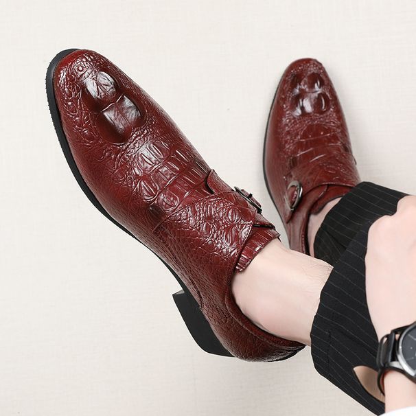 19123 Breathable Buckle Leather Crocodile Pattern Pointed Toe Men's Casual Slip-On European Style Shoes_vogvips.com