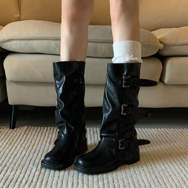 2025 Black Booties New Fashion Round Toe Belt Buckle Mid-Calf Knee-High Slimming Chunky Heel Riding Boots_vogvips.com