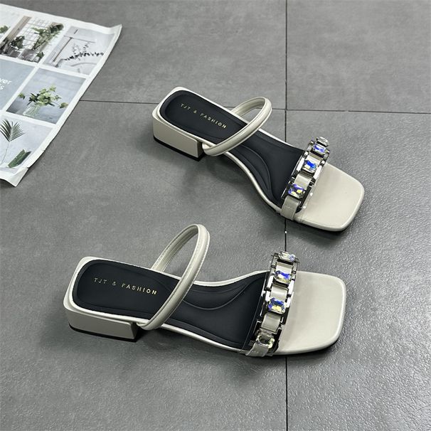 Women's Shoes 2024 Summer New Versatile Square Open Toe Rhinestone Mid Heel Internet Celebrity Sandals Half One Word_vogvips.com
