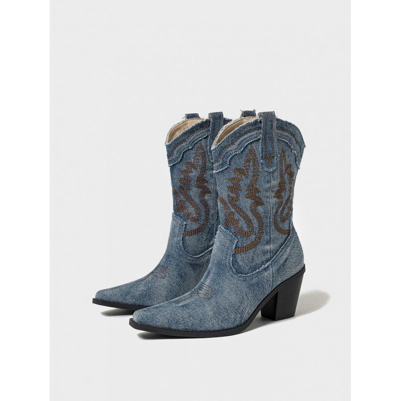 Women's Western Cowboy Boots With Chunky Heel, Pointed Toe, And Contrast Stitching - Stylish Chelsea Ankle Boots In Denim Blue_vogvips.com
