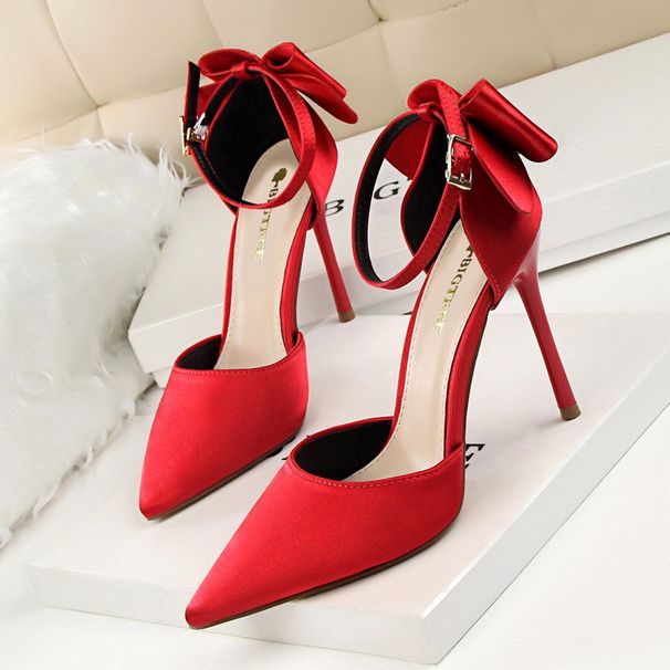 5196-1 Korean Style Sweet Women's Shoes Thin High Heel Shallow Mouth Pointed Toe Satin Hollow Back Bowknot Strap Sandals_vogvips.com
