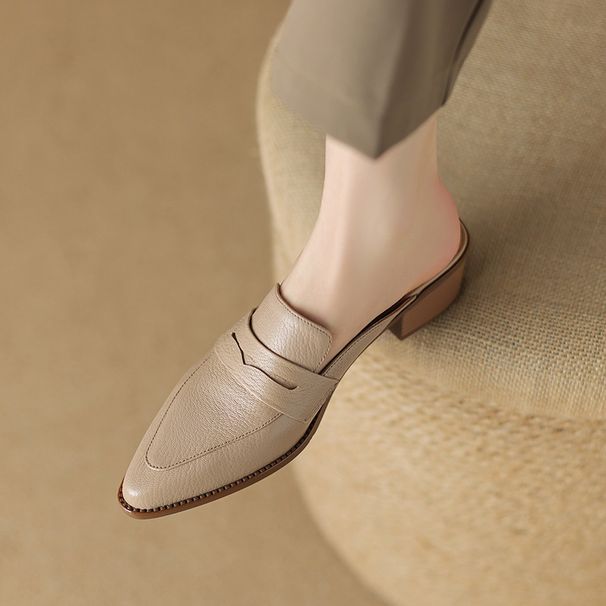 British-style Pointed-toe With Chunky Heels Open Back, Made Of Soft Leather, Vintage Mules For Spring And Summer_vogvips.com