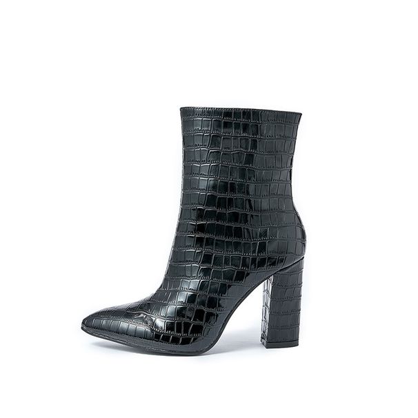 Women's Pointed Toe High Heel Ankle Boots With Side Zipper & Stone Texture - Chunky Heel, PU Leather, Black & Nude (Sizes 35-42)_vogvips.com