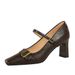 8293-1 European American Style Women's High-heeled Shoes With A Square Toe, Shallow Cut, Chunky Heel, And Metal Buckle_vogvips.com