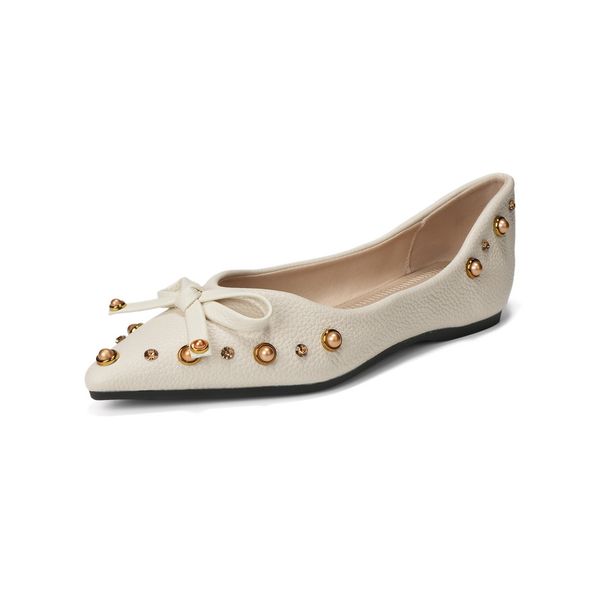 French Bow Rivet Pointed Single Shoes Women's Summer Skirt Temperament Flat-bottomed Ladyshoes_vogvips.com