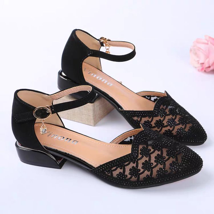 Sandals Women's Baotou Middle Heel Shoes Women's Rhinestone Mesh Women's Shoes Hollow Single Shoes Mom Shoes_vogvips.com
