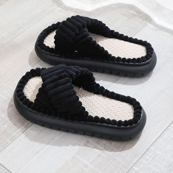 2024 Autumn Winter New Women Home Slippers Open-Toe Cross Band Linen Soled Indoor Slides Linen Soled Non-Slip Bathroom Slippers_vogvips.com
