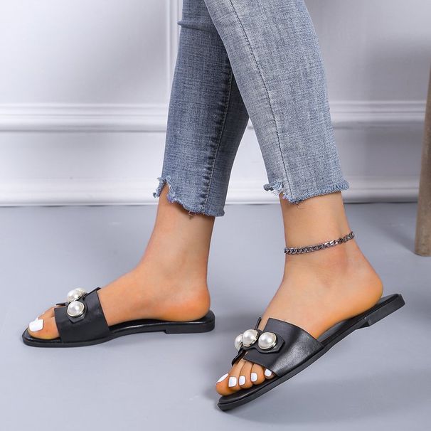 New Pearl Flat Slippers For Women Wear Beach Sandals With Low Heels_vogvips.com