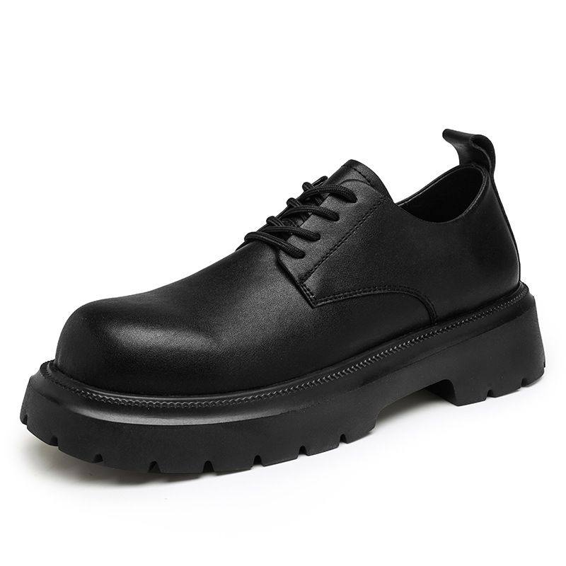 Men's Derby Shoes, High-End Feel, Spring Thick-Soled, Height-Increasing Leather Shoes, Young Trendy Brand, Commuter Blac_vogvips.com