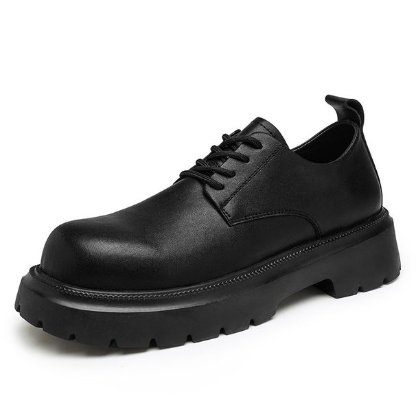Men's Derby Shoes, High-End Feel, Spring Thick-Soled, Height-Increasing Leather Shoes, Young Trendy Brand, Commuter Blac_vogvips.com
