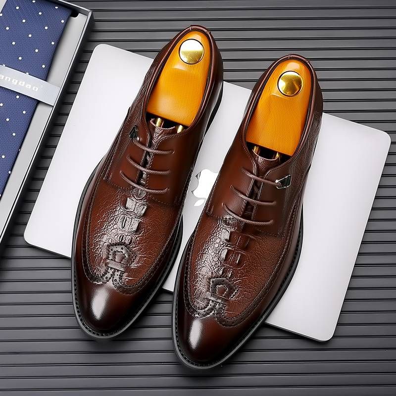 New Fashion Business Genuine Leather British Brock Men's Shoes Men's Business Formal Wear Oxford Shoes Lace-up Fashion Black Dress Wedding Derby Shoes_vogvips.com