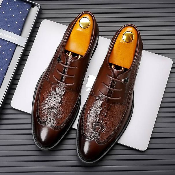 New Fashion Business Genuine Leather British Brock Men's Shoes Men's Business Formal Wear Oxford Shoes Lace-up Fashion Black Dress Wedding Derby Shoes_vogvips.com
