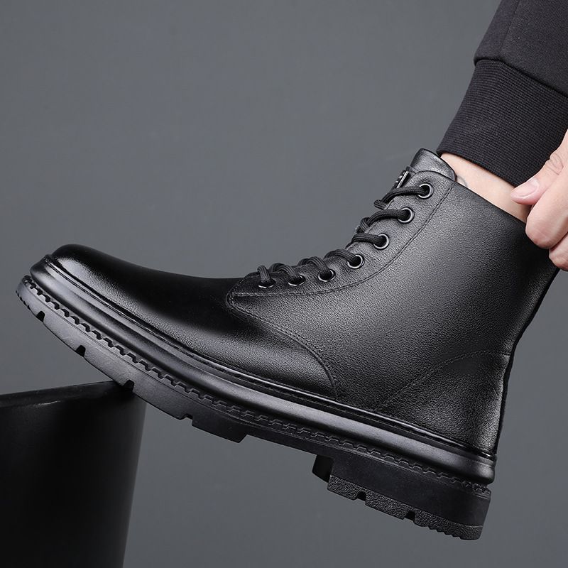 Genuine Leather Martin Boots Men's High-top Heightening Korean Version Leather Boots Trendy Men's Tooling Locomotive Boots_vogvips.com