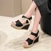 New Long Ter Woen's Sandals With Slope Heel Lace Fish Mouth Feale Velcro One Line Buckle And Elastic Cake Thick_vogvips.com