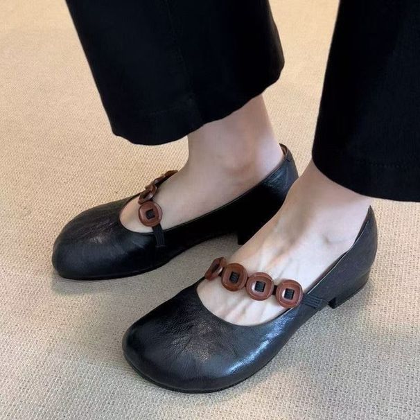 Unique Retro Round-toe Women's For Spring/summer 2025, Versatile With Buttons And Elastic Straps, Shallow Soft Leather_vogvips.com
