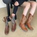 He Sui Style Chunky Heel Versatile Western Cowboy V Mouth Embroidered Pull-On Riding Mid-Calf Square Toe Horse Boots_vogvips.com