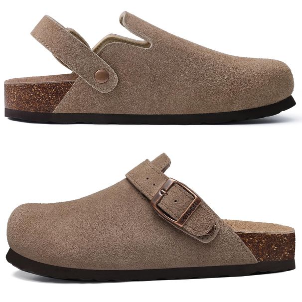 Crestar Women's Suede Clogs Lady Fashion Buckle Leather Mules Comfort Cork Footbed Potato Shoes With Arch Support Beach_vogvips.com