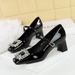6292-K90 European And American Style Mary Jane For Women, Chunky Heel, Shallow Square Toe, Shiny Patent Leather,_vogvips.com