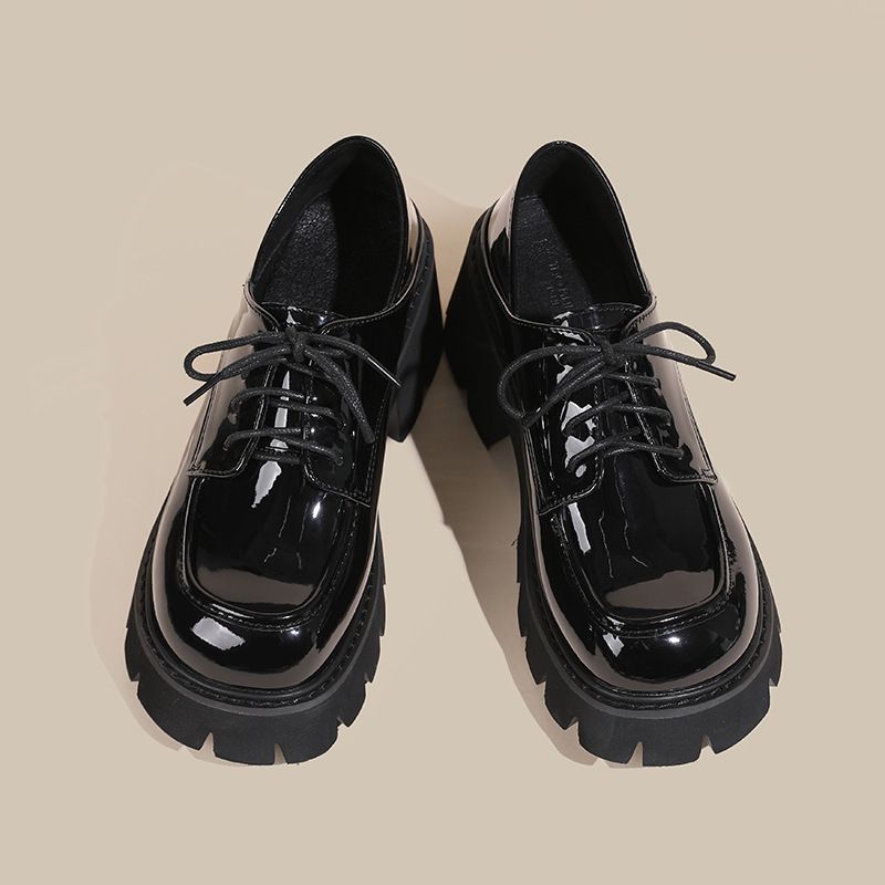 Plus Size Women's 41-43 Small Leather Shoes Women Spring Autumn Thick Sole Loafers 2024 Black High Chunky Heel Trendy_vogvips.com