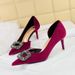 High heel suede shallow mouth pointed side hollow-out metal rhinestone buckle single shoes women_vogvips.com