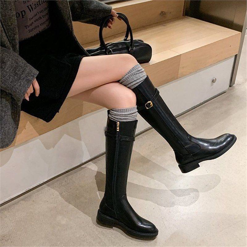 Women's Round Toe Buckle Detail Riding Boots Mid Heel Chunky Heel Knee High Boots With Side Zipper Great For Showing Off Long Legs_vogvips.com