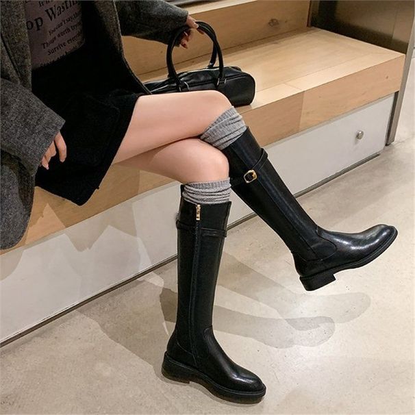Women's Round Toe Buckle Detail Riding Boots Mid Heel Chunky Heel Knee High Boots With Side Zipper Great For Showing Off Long Legs_vogvips.com