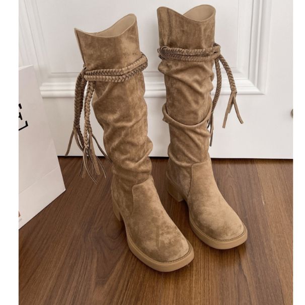 Soft Leather Version~ Wasteland Tassel Knight Thick Heel Over-the-Knee Long Slimming High Tube Boots For Women_vogvips.com