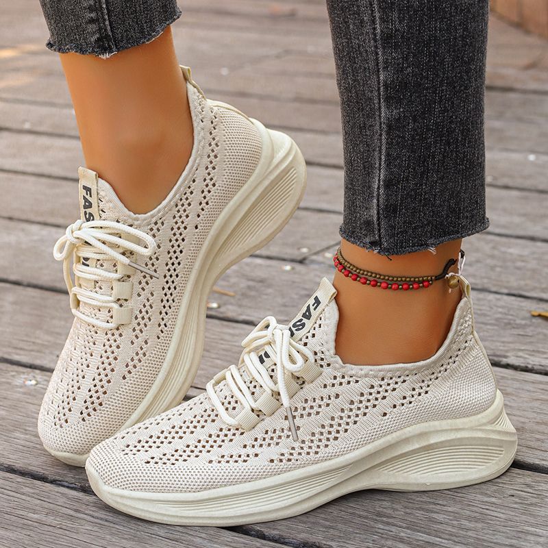 Spring Summer Breathable Mesh Sport Women Slip On Hollow Out Knitted Flats Shoes Woman Plus Size 43 Thick Sole Sneakers_vogvips.com