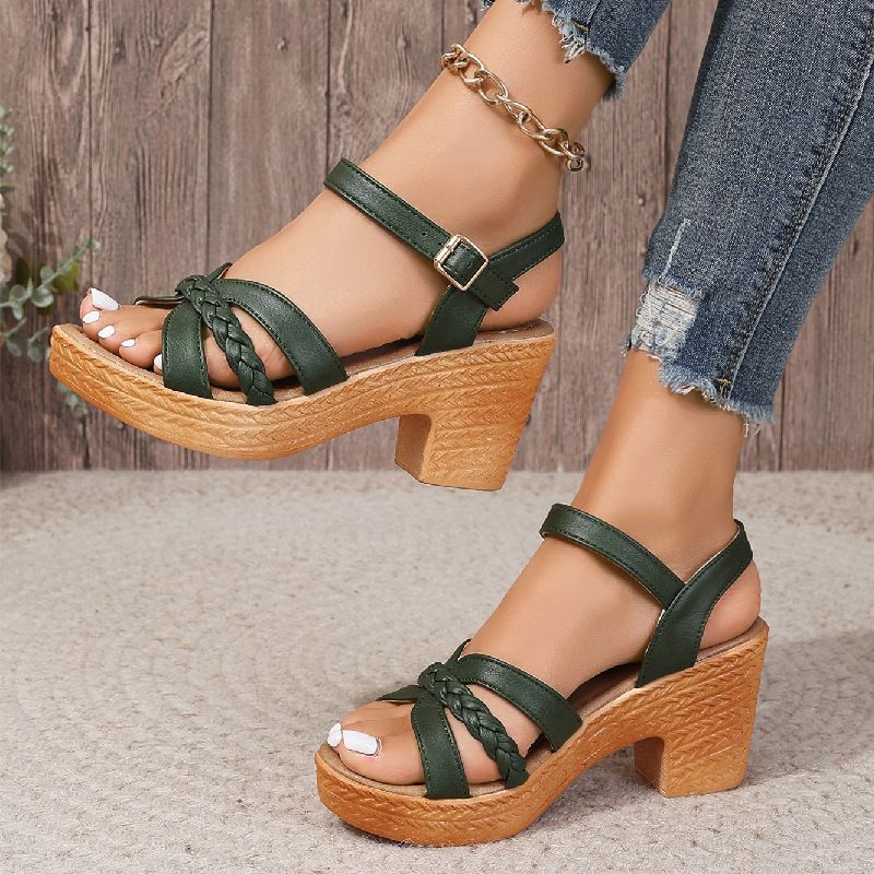 Round Toe Open Toe Thick Heel Sandals For Women Summer Large Size One Line Buckle High Heel Fashion Sandals_vogvips.com