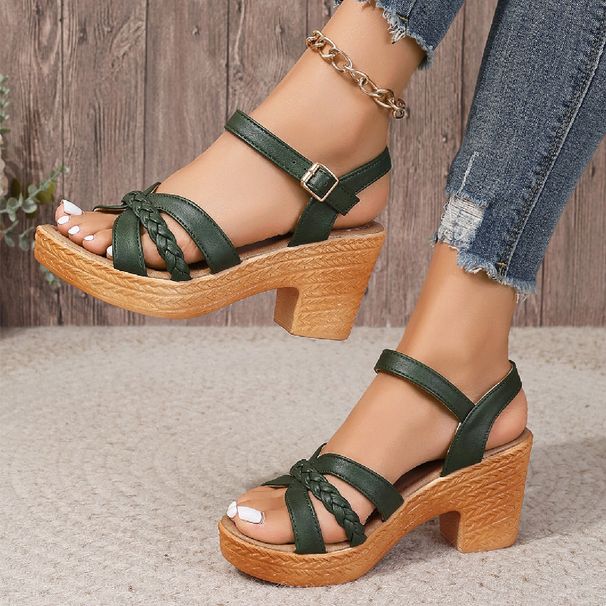 Round Toe Open Toe Thick Heel Sandals For Women Summer Large Size One Line Buckle High Heel Fashion Sandals_vogvips.com