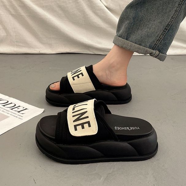 Women's Summer Outdoor Thick-soled Slip-on Sandals With Velcro And Letter Design, 3cm, Slimming, Lightweight, Non-slip,_vogvips.com
